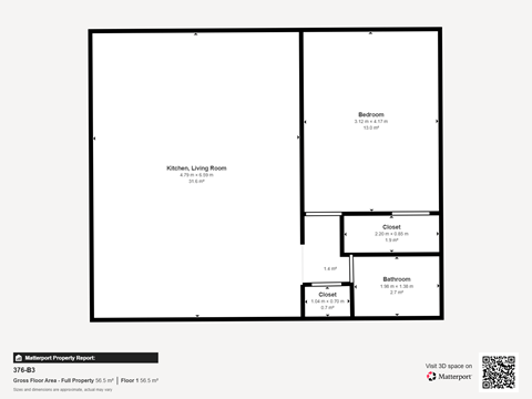 Floor plan for 1 bed, 1 bath, 633 sqft